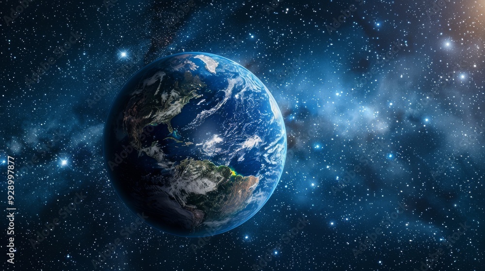 A stunning image of Earth from space, showing the vibrant blue oceans and lush green continents against the backdrop of the vast, star-filled universe.