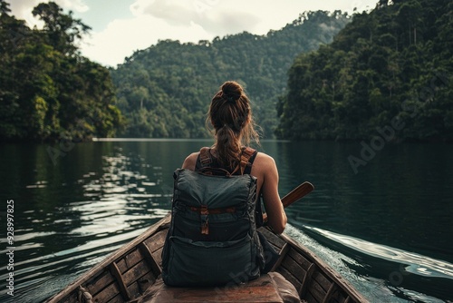 Traveler in boat exploring serene lake amidst forest