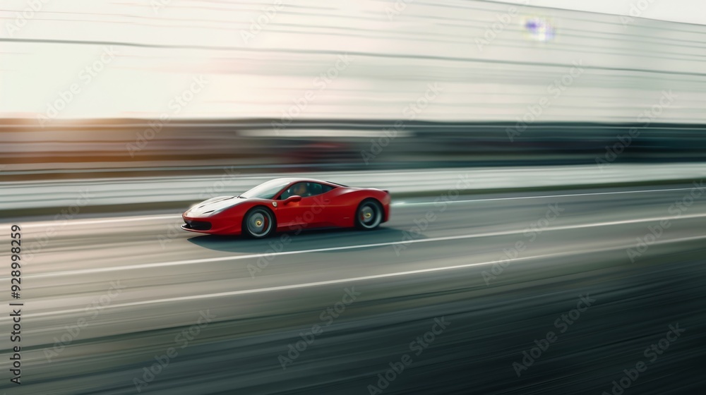 Detailed shot of a red sports car speeding along a highway, highlighting its sleek design and impressive velocity. Detailed shot of a red sports car speeding along a highway, highlighting its sleek design and impressive velocity.