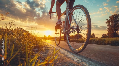 Bicyclist riding along a peaceful road at sunset near a grassy field