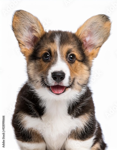 笑顔のウェルシュ・コーギー・カーディガンの子犬のポートレート（Portrait of a smiling Welsh Corgi Cardigan puppy on white background） 