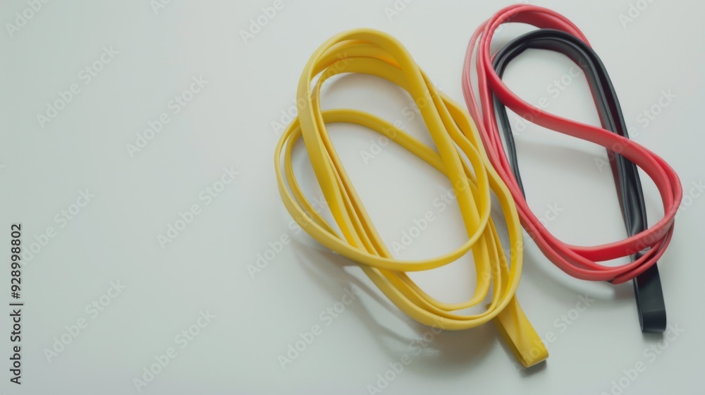 Bright colorful resistance bands coiled in pairs, one set yellow and the other black and red, displayed on a clean, pale surface. Bright colorful resistance bands coiled in pairs, one set yellow and the other black and red, displayed on a clean, pale surface.