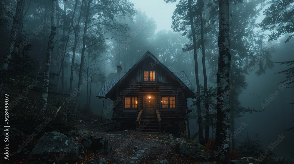 Mysterious log cabin illuminated at dusk in foggy forest Mysterious log cabin illuminated at dusk in foggy forest