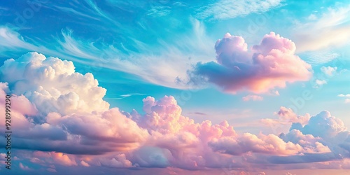 Fototapeta Naklejka Na Ścianę i Meble -  Pastel blue and pink sky with fluffy clouds , pastel, blue, pink, sky, clouds, fluffy, dreamy, serene, peaceful, sunset