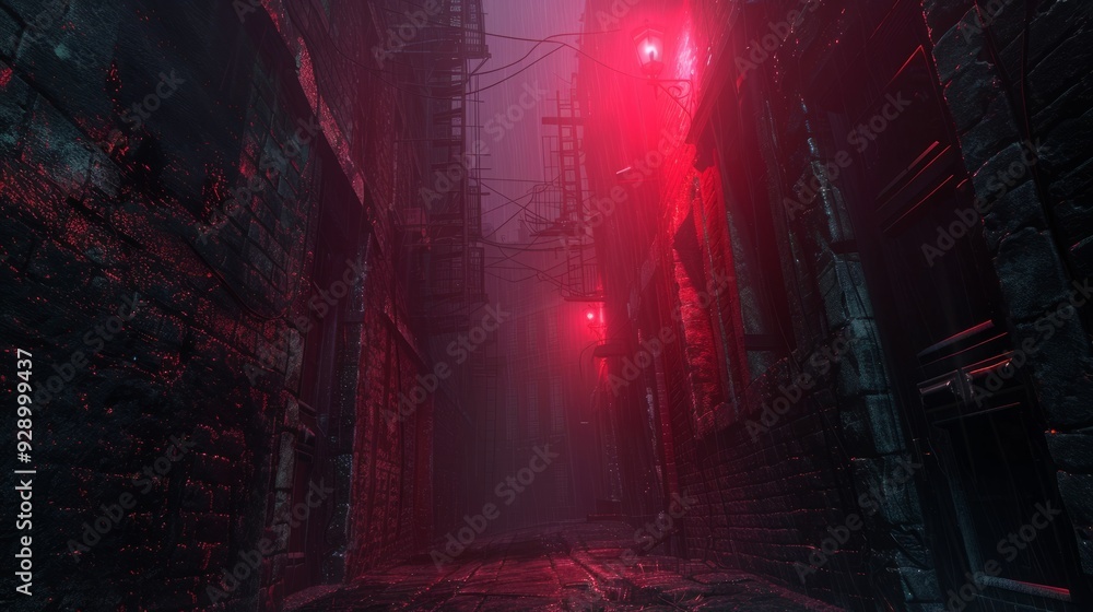 Fototapeta premium Dimly lit alley with red neon lights in a foggy urban setting at night