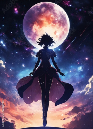 Silhouette of astral diva with a dark and light costume suspended in air space and galaxy background 2d manga anime style.