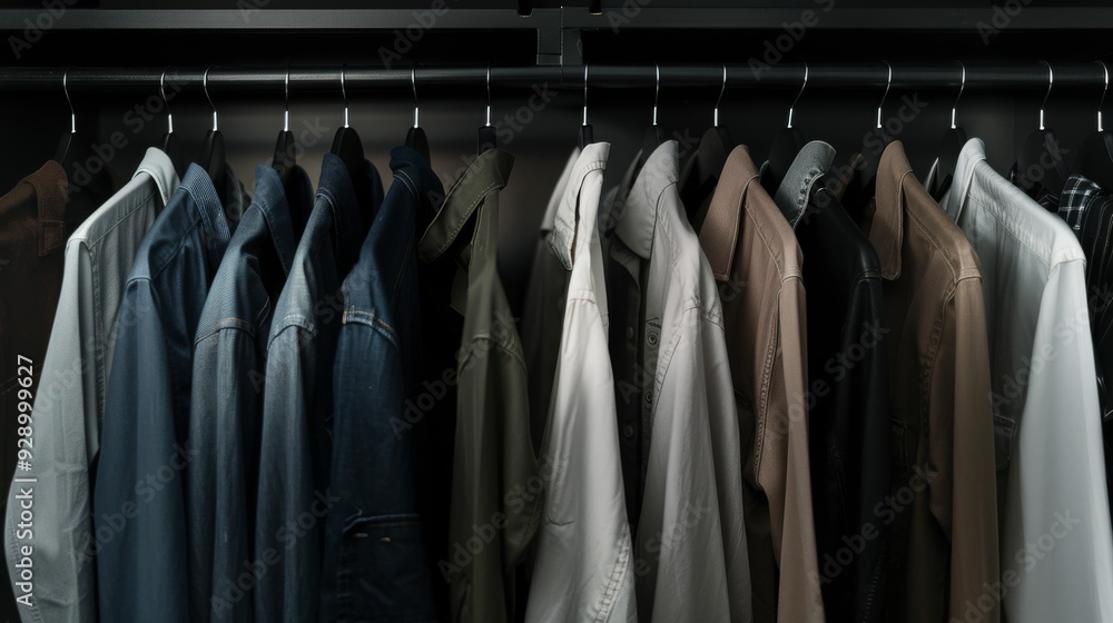 A neatly arranged collection of shirts in various shades of blue and brown hanging on black hangers inside a dark closet, creating a sophisticated and orderly look. A neatly arranged collection of shirts in various shades of blue and brown hanging on black hangers inside a dark closet, creating a sophisticated and orderly look.