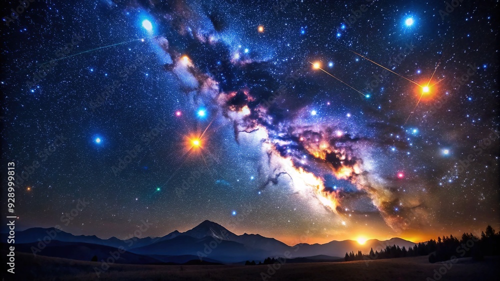 Majestic Orion constellation shines bright in the night sky, its three sparkling star belt aligned perfectly amidst a breathtaking Milky Way galaxy backdrop. Majestic Orion constellation shines bright in the night sky, its three sparkling star belt aligned perfectly amidst a breathtaking Milky Way galaxy backdrop.