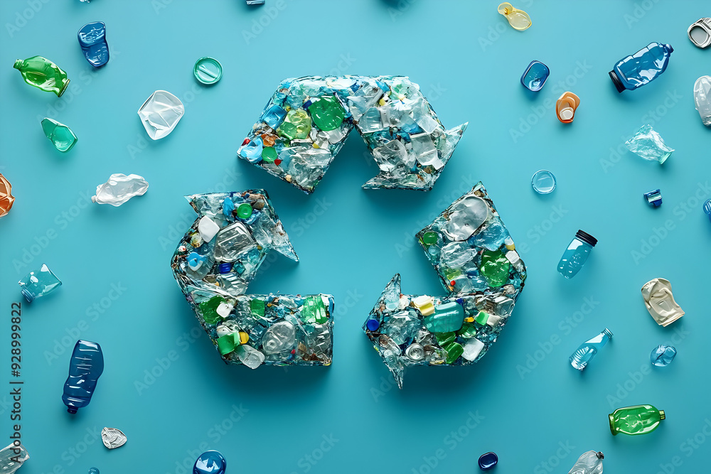 © sornram - Colorful collection of recycled plastic waste arranged in a recycling symbol on a vibrant blue background. © sornram - Colorful collection of recycled plastic waste arranged in a recycling symbol on a vibrant blue background.