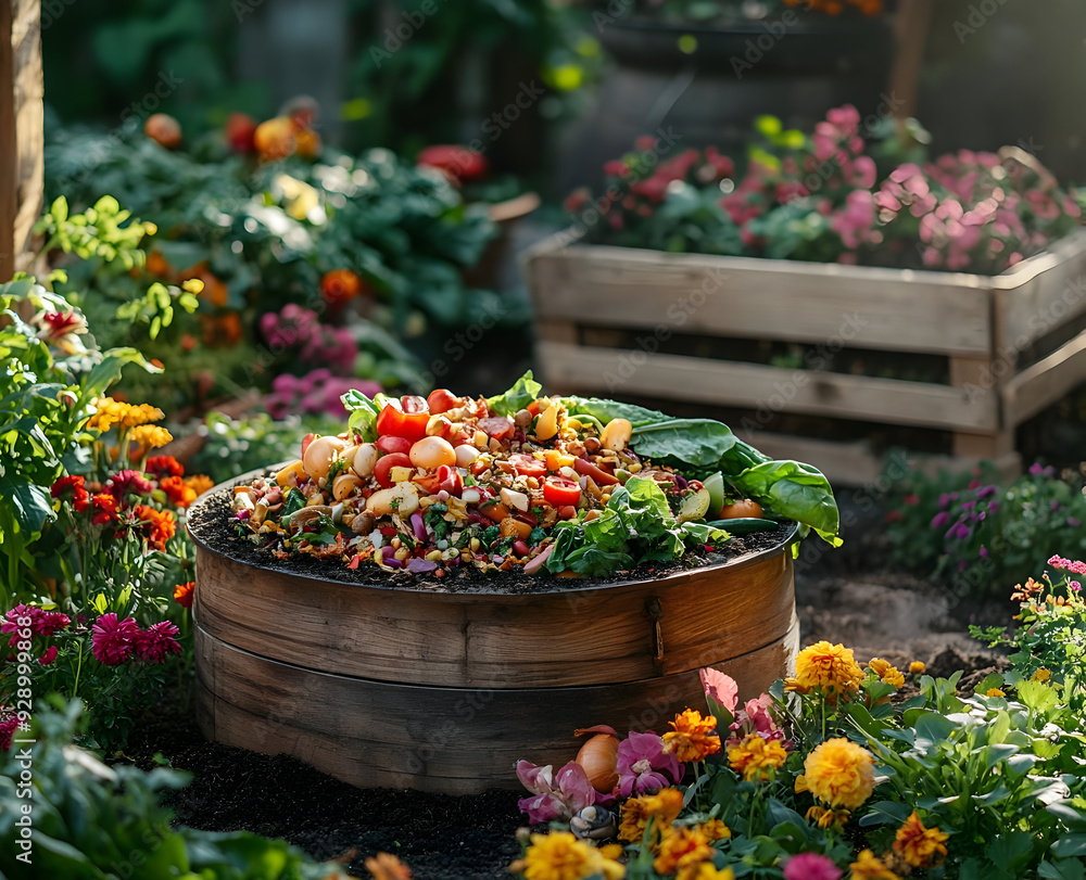 Colorful garden salad in a wooden bowl surrounded by vibrant flowers in a lush garden setting. Colorful garden salad in a wooden bowl surrounded by vibrant flowers in a lush garden setting.