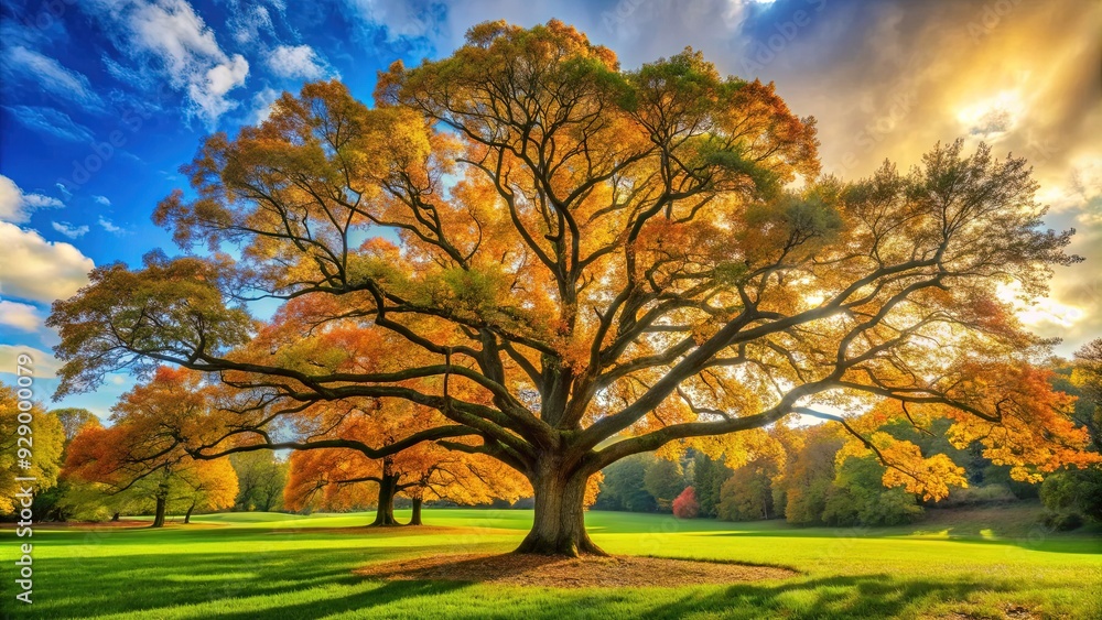 Majestic pin oak tree stands tall, its sprawling branches stretching towards the sky, surrounded by a lush green lawn and vibrant autumn foliage. Majestic pin oak tree stands tall, its sprawling branches stretching towards the sky, surrounded by a lush green lawn and vibrant autumn foliage.