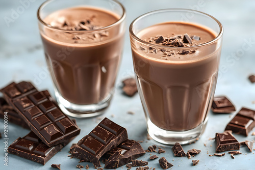 Delicious chocolate drink topped with dark chocolate shavings, served in clear glasses. Perfect for dessert lovers.