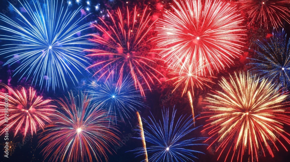 A close-up shot of fireworks bursting in vibrant red, white, and blue colors, lighting up the night sky in a spectacular display. A close-up shot of fireworks bursting in vibrant red, white, and blue colors, lighting up the night sky in a spectacular display.