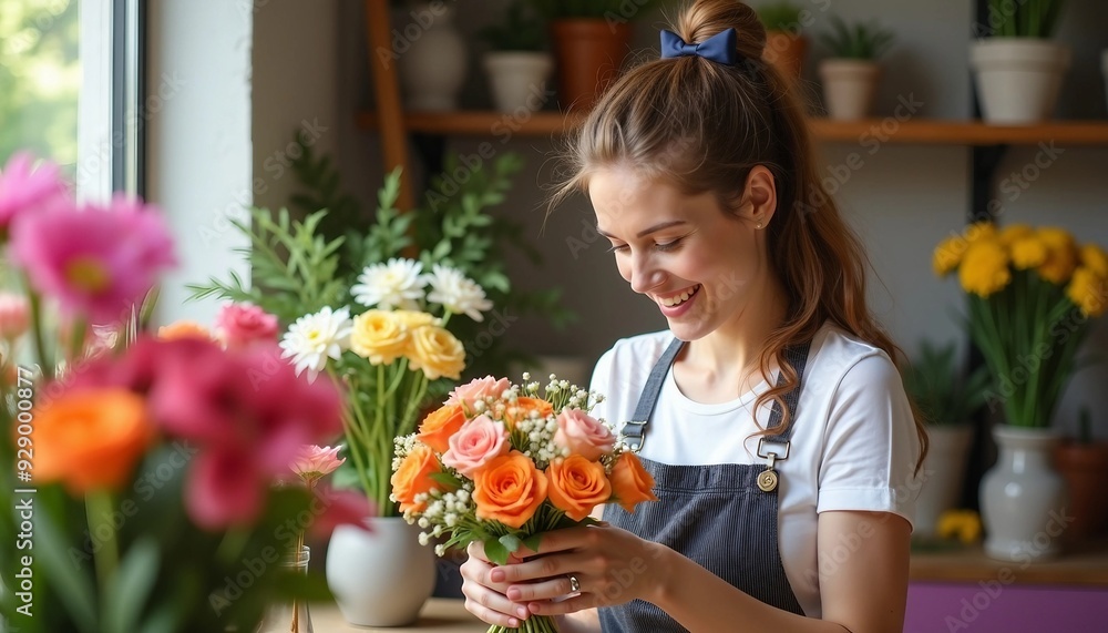 A smiling florist arranges vibrant flowers in a well-organized shop, with natural light creating depth and space for text. A smiling florist arranges vibrant flowers in a well-organized shop, with natural light creating depth and space for text.