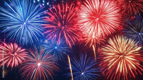 A close-up shot of fireworks bursting in vibrant red, white, and blue colors, lighting up the night sky in a spectacular display.