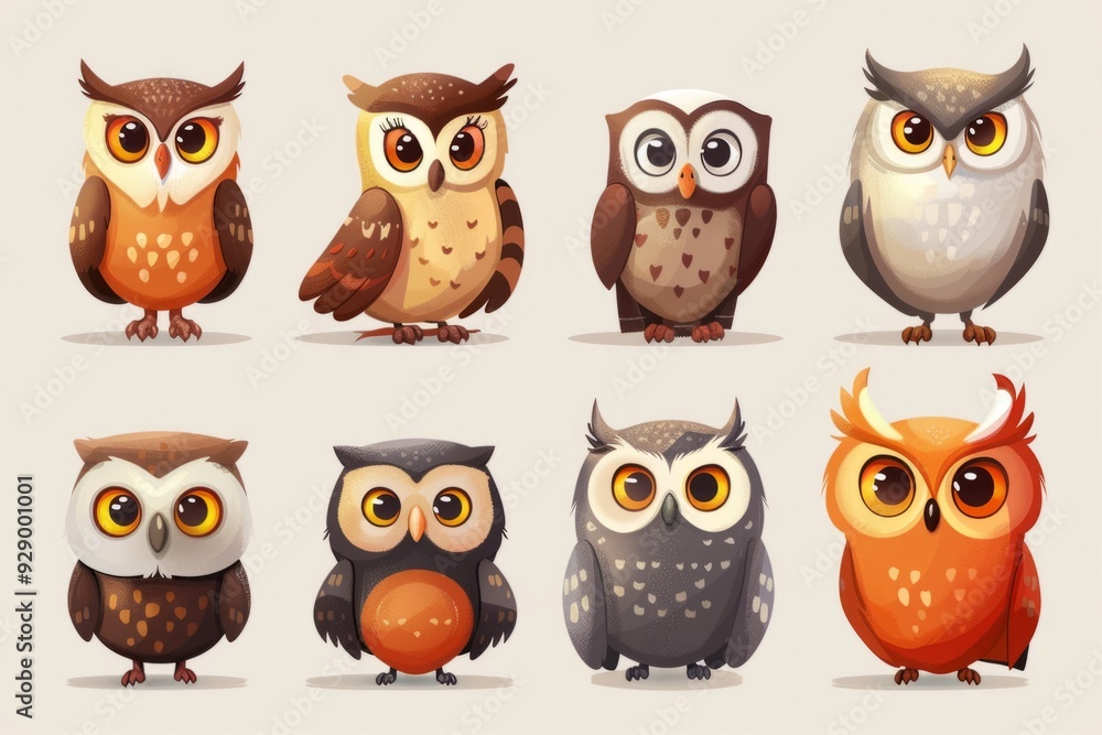 Fototapeta premium Set of cute cartoon owls with big eyes