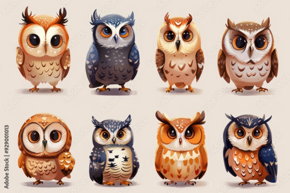 Set of cute cartoon owls on a light background Set of cute cartoon owls on a light background