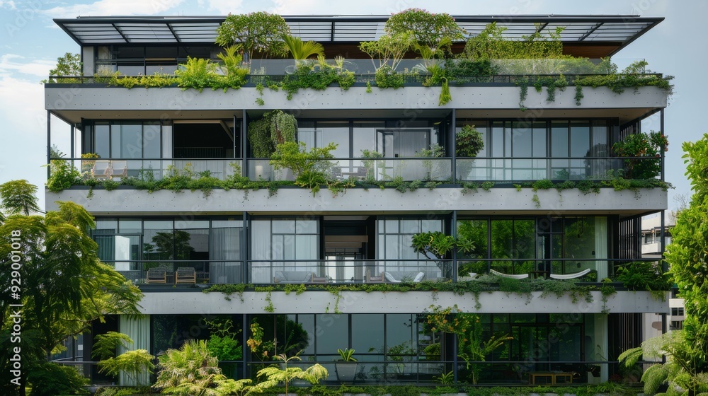 An urban apartment building adorned with vibrant greenery, showcasing sustainable architecture and the harmonious blend of nature and modern living. An urban apartment building adorned with vibrant greenery, showcasing sustainable architecture and the harmonious blend of nature and modern living.