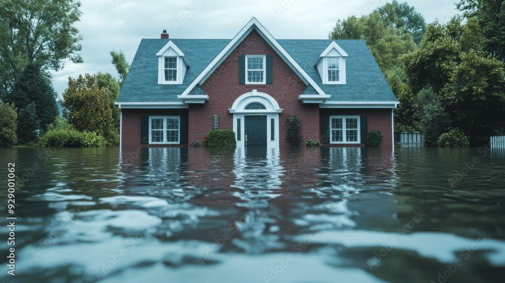 A concept image for flood insurance, depicting a home inundated by floodwater, symbolizing the need for security and preparedness. A concept image for flood insurance, depicting a home inundated by floodwater, symbolizing the need for security and preparedness.