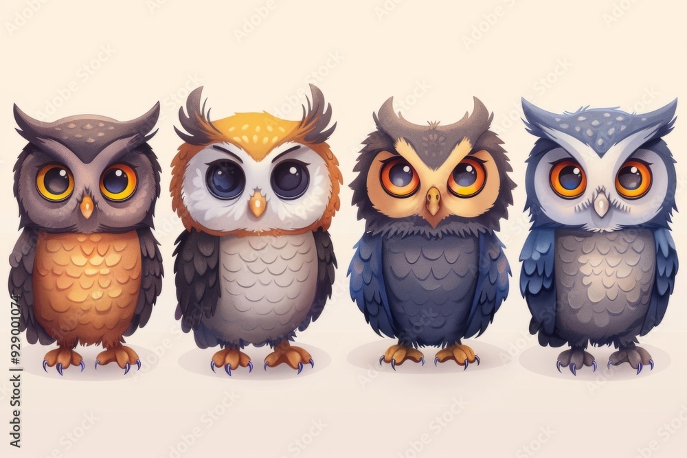 Set of cute cartoon owls with big eyes Set of cute cartoon owls with big eyes