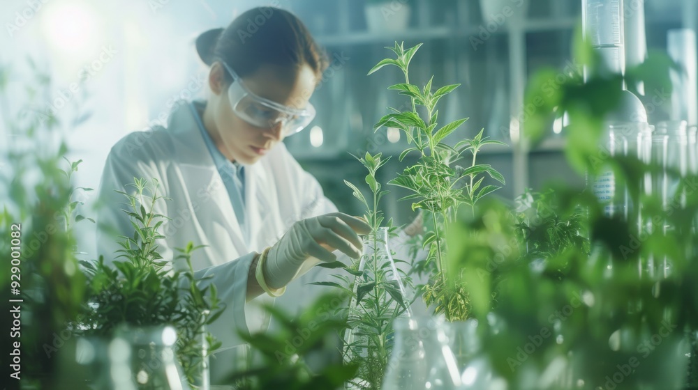 Within a lush botanical lab, a scientist meticulously nurtures plants, highlighting the delicate balance of science and nature. Within a lush botanical lab, a scientist meticulously nurtures plants, highlighting the delicate balance of science and nature.