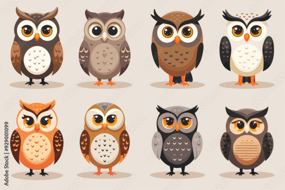 Fototapeta premium Set of cute cartoon owls with big eyes