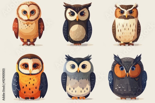 Wallpaper Mural Set of cute cartoon owls on a light background Torontodigital.ca