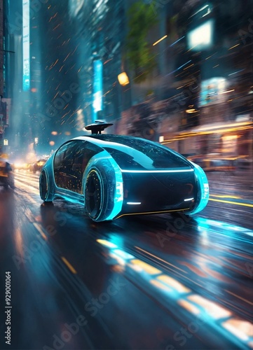 Autonomous vehicle passenger inside moving through traffic sensors inside and outside the vehicle energy waves futuristic