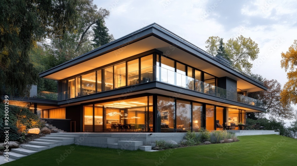A contemporary house design, showcasing large, clear windows that provide a panoramic view of the outside environment. A contemporary house design, showcasing large, clear windows that provide a panoramic view of the outside environment.