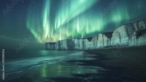 Wallpaper Mural Aurora borealis illuminates coastal cliffs at night with reflections on ocean water Torontodigital.ca