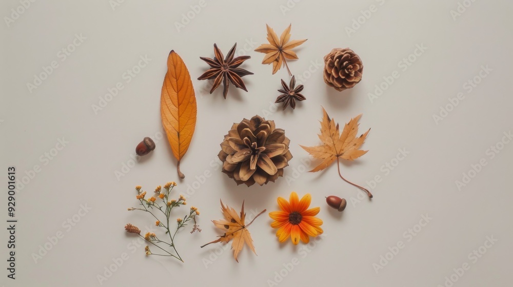 A neatly arranged collection of autumn elements, including leaves, pinecones, acorns, and dried flowers, creating an earthy and seasonal display. A neatly arranged collection of autumn elements, including leaves, pinecones, acorns, and dried flowers, creating an earthy and seasonal display.