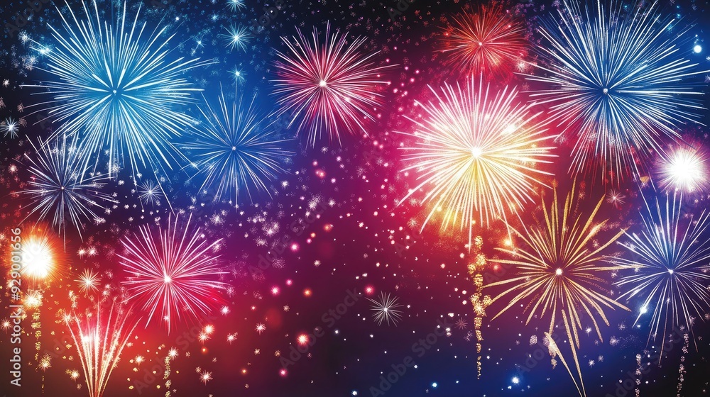 Fototapeta premium A detailed view of fireworks in patriotic colors, bursting with energy and light against the backdrop of a dark night sky.