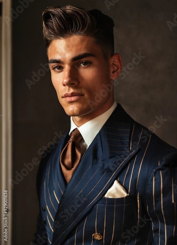 Portrait of handsome young brown lightly wavy pompadour with fade muscled sportsman in navy satin large pinstripe double-breasted suit club tie pompadour haircut