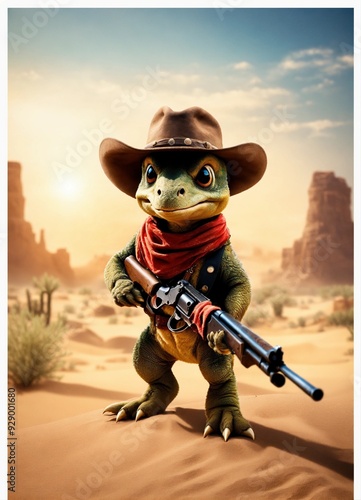 Three adorable and fluffy baby dinosaur with big coloured eyes shootout scene cowboy bandana over mouth western desert with a western village and saloon sandstorm old revolver in hand bright 