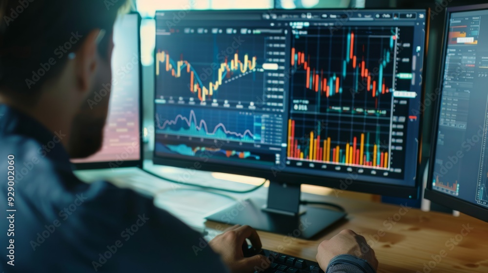 A person intensely analyzing financial data on multiple monitors, with colorful graphs and charts indicating market trends and updates. A person intensely analyzing financial data on multiple monitors, with colorful graphs and charts indicating market trends and updates.