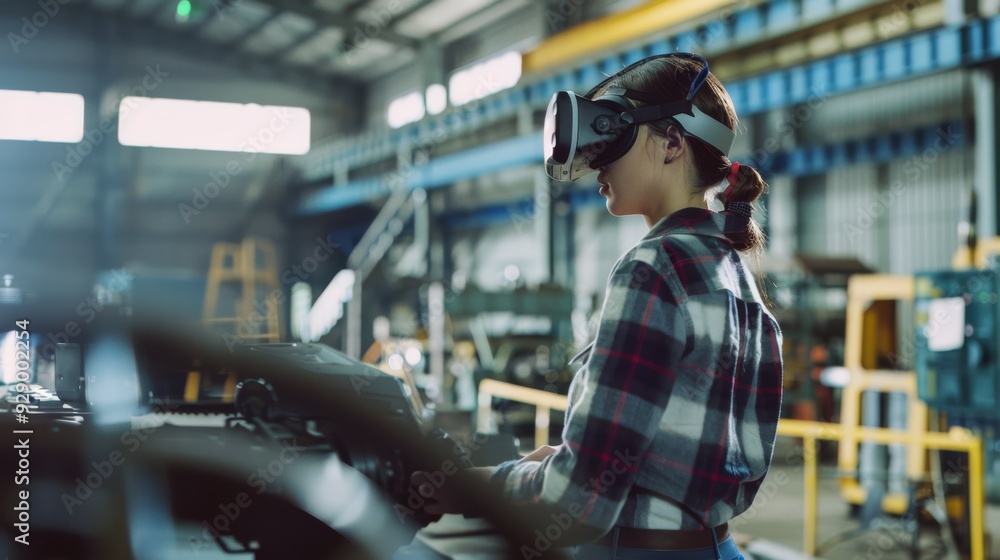 A worker in a factory wearing a virtual reality headset, symbolizing the integration of advanced technology in industrial settings. A worker in a factory wearing a virtual reality headset, symbolizing the integration of advanced technology in industrial settings.