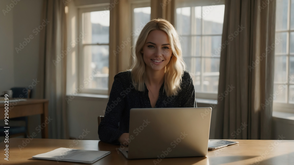Blonde Woman Working at Home on Laptop in Bright, Sunlit Room with Large Windows Blonde Woman Working at Home on Laptop in Bright, Sunlit Room with Large Windows