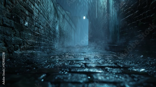 Wallpaper Mural Rain-soaked cobblestone alley illuminated by a street lamp at night Torontodigital.ca