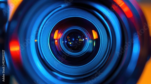 A focused close-up of a camera lens during a live shoot, capturing the intensity and professionalism of the interview process.