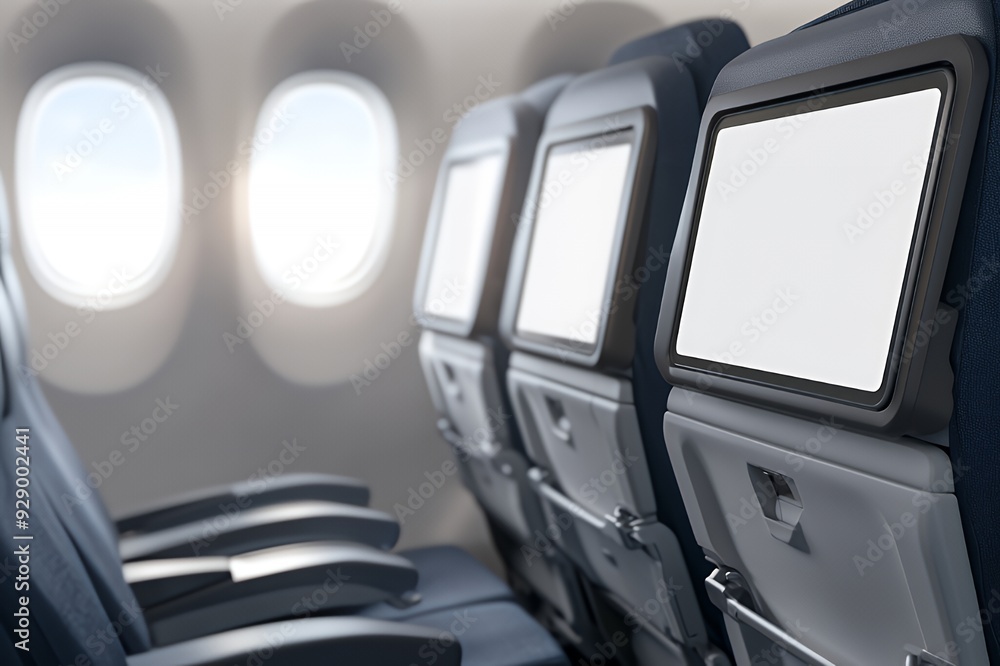 Close-up of airplane seats with blank screens. Close-up of airplane seats with blank screens.