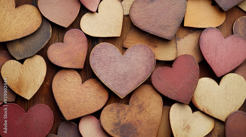 Obraz premium Wooden Hearts: A rustic and heartfelt image of wooden hearts in various shades of red, brown, and beige, arranged on a wooden background. 
