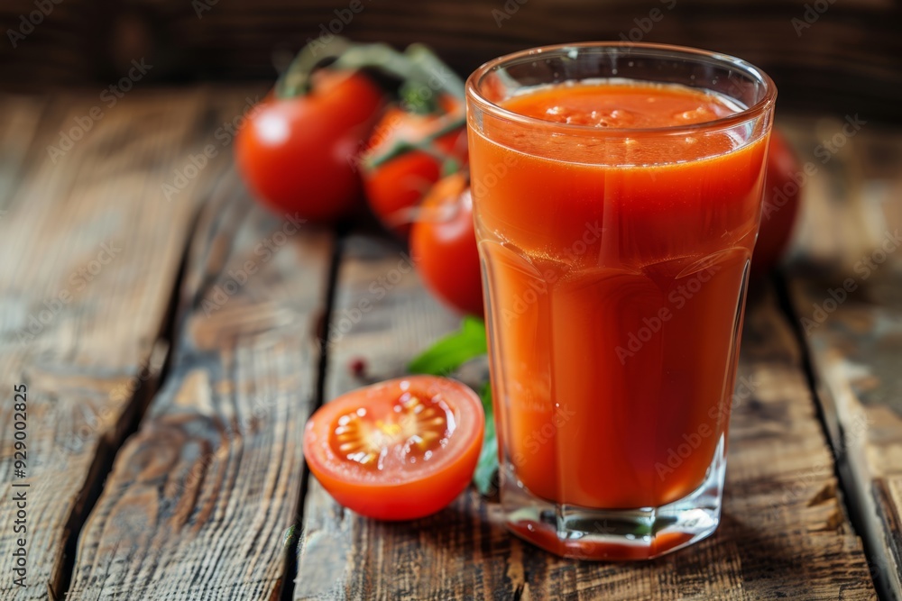 Fresh tomato juice standing on rustic wooden table Fresh tomato juice standing on rustic wooden table