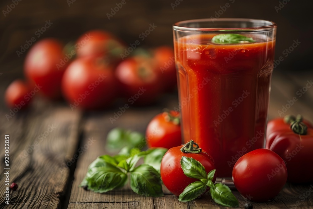 Glass of fresh tomato juice standing on a wooden table Glass of fresh tomato juice standing on a wooden table