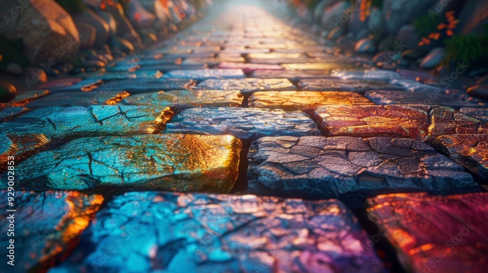 Obraz premium Colorful cobblestone path illuminated by natural light in a serene outdoor setting at dusk