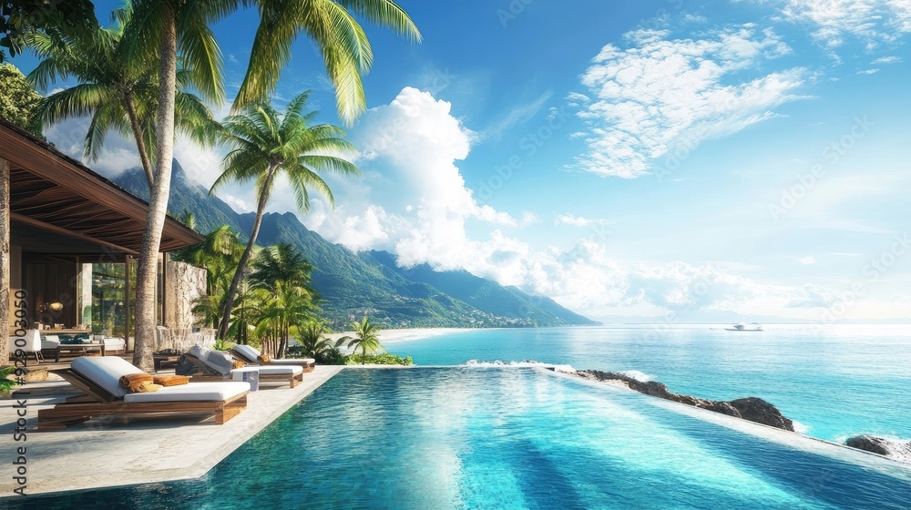 Fototapeta premium A luxurious beach resort with an infinity pool overlooking the ocean, with palm trees and sun loungers enhancing the tropical vibe.