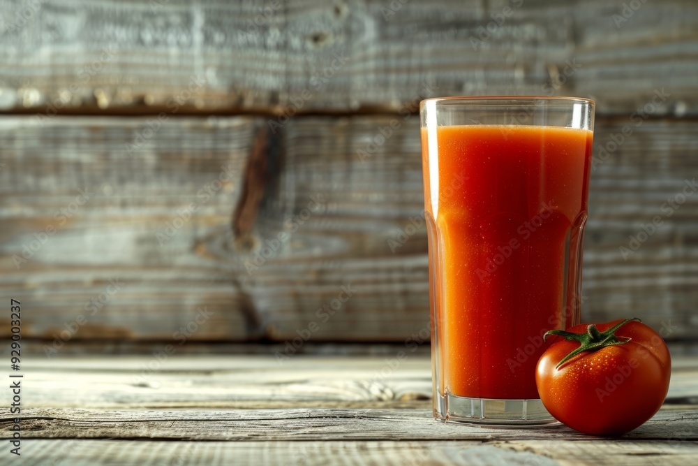 Glass of fresh tomato juice with a ripe tomato on a wooden background Glass of fresh tomato juice with a ripe tomato on a wooden background