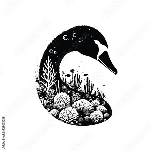 silhouette of Swan filled with underwater view with coral in rough drawing