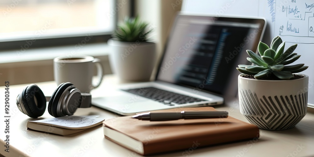 A minimalist desk setup features a sleek laptop 