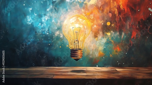 Illuminated Lightbulb Against a Painted Background