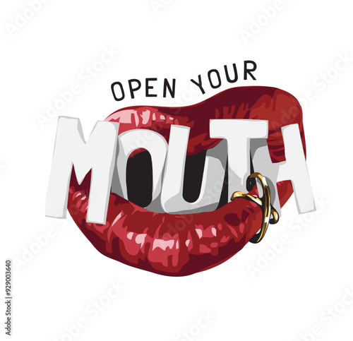 open your mouth slogan in lip piercing graphic vector illustration